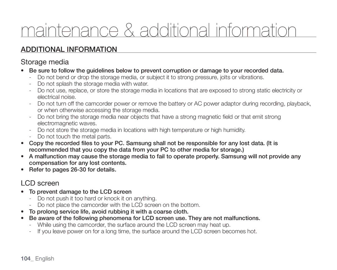 Samsung SC-HMX20C user manual Additional Information, Storage media, LCD screen 