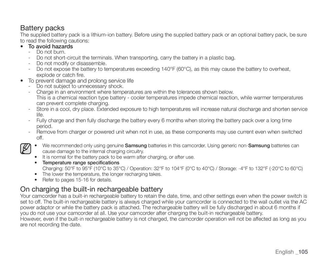 Samsung SC-HMX20C user manual Battery packs, On charging the built-in rechargeable battery, To avoid hazards 