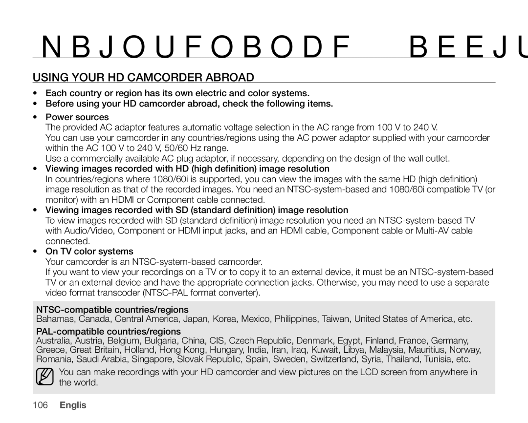 Samsung SC-HMX20C user manual Using Your HD Camcorder Abroad 