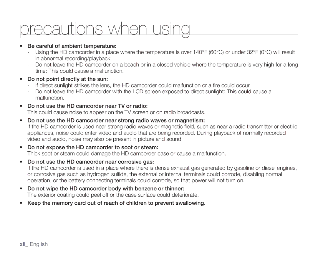 Samsung SC-HMX20C user manual Xii English 