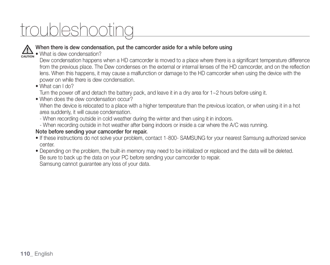 Samsung SC-HMX20C user manual Troubleshooting 