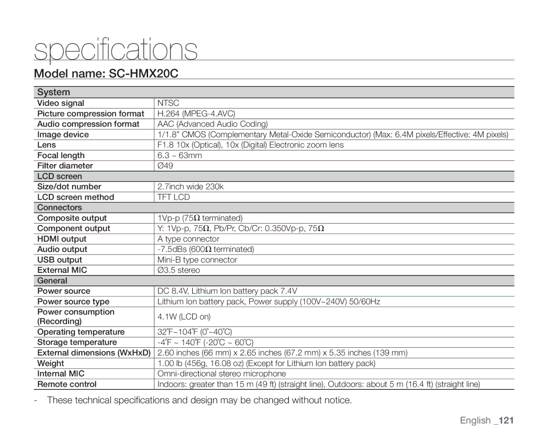 Samsung user manual Specifications, Model name SC-HMX20C, System 