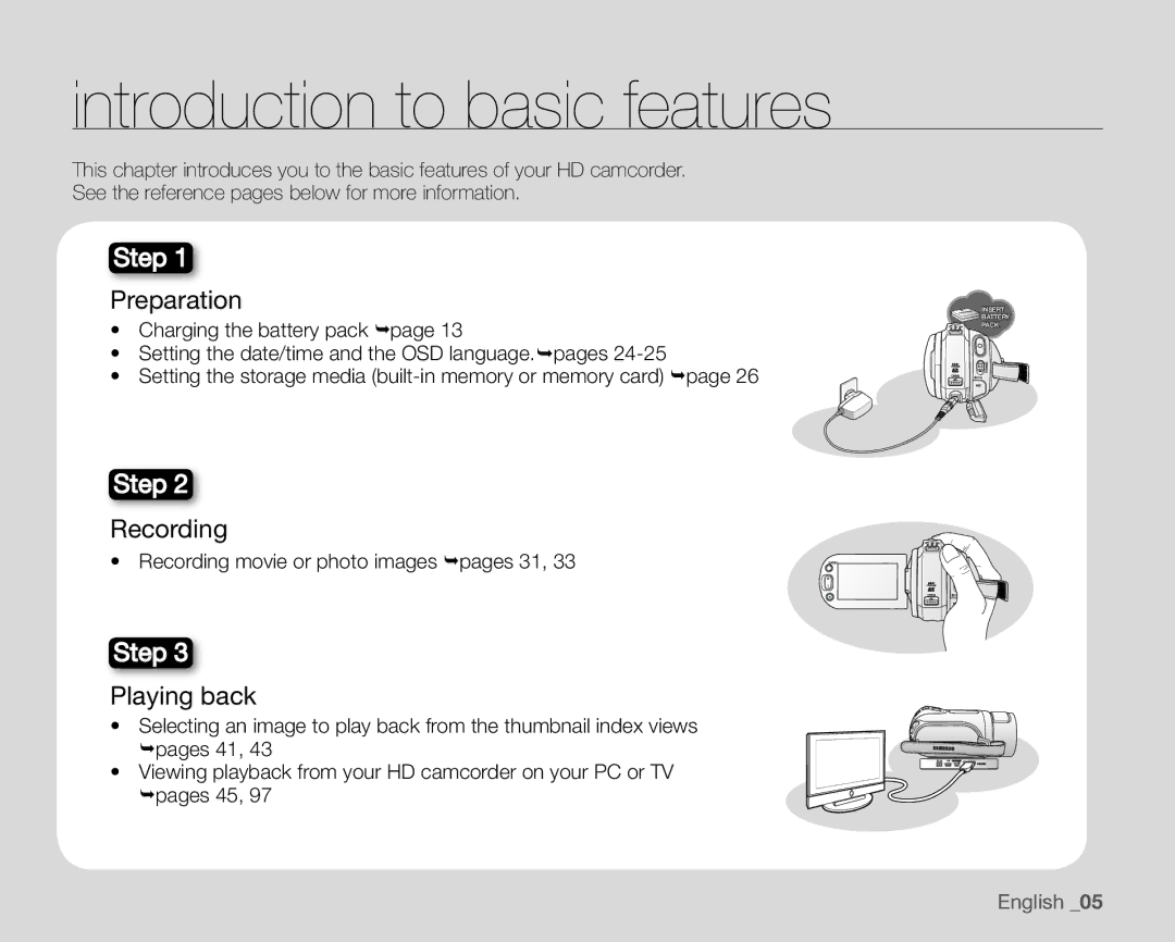 Samsung SC-HMX20C user manual Introduction to basic features, Preparation, Recording, Playing back 