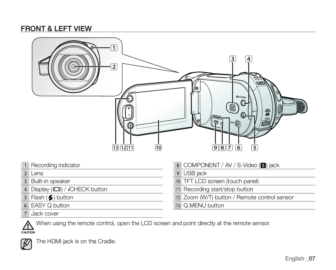 Samsung SC-HMX20C user manual Front & Left View, 987 