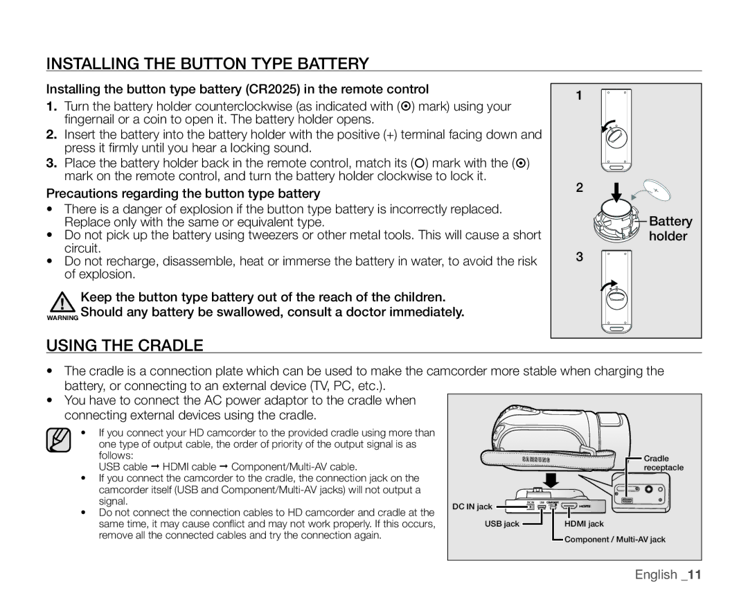 Samsung SC-HMX20C user manual Installing the Button Type Battery, Using the Cradle 