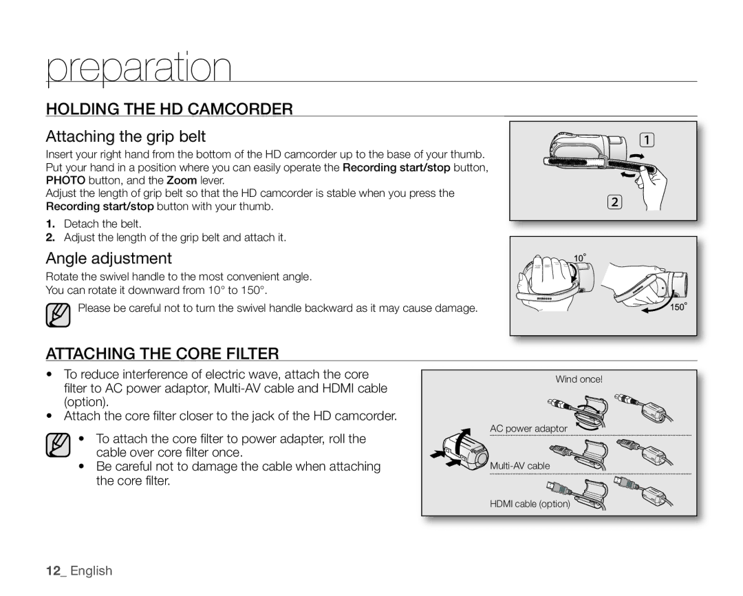 Samsung SC-HMX20C Holding the HD Camcorder, Attaching the grip belt, Angle adjustment, Attaching the Core Filter 