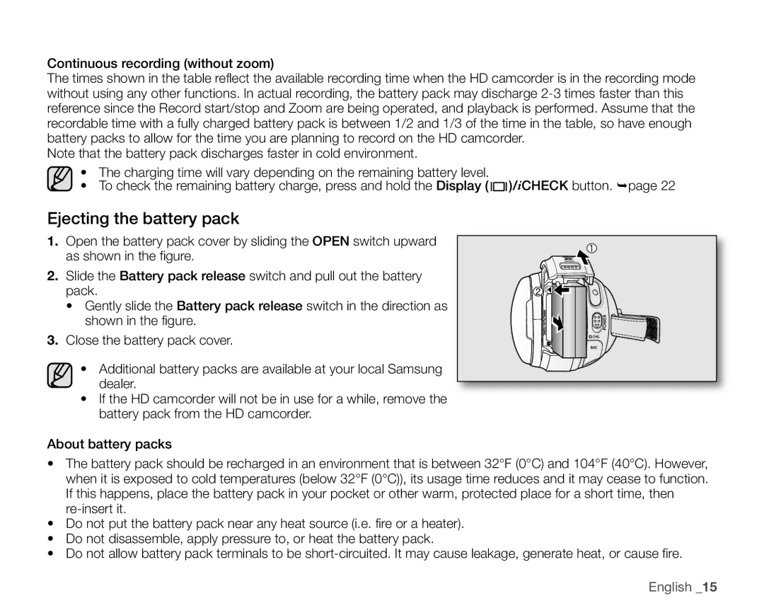 Samsung SC-HMX20C user manual Ejecting the battery pack 