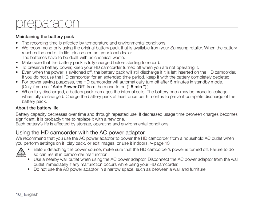 Samsung SC-HMX20C user manual Using the HD camcorder with the AC power adaptor 