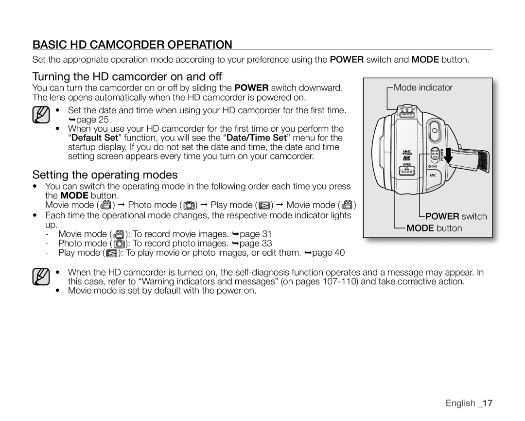 Samsung SC-HMX20C Basic HD Camcorder Operation, Turning the HD camcorder on and off, Setting the operating modes 