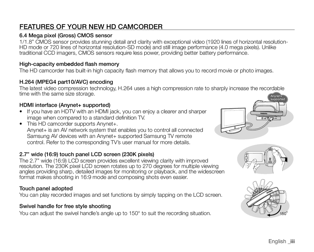 Samsung SC-HMX20C user manual Features of Your NEW HD Camcorder, Mega pixel Gross Cmos sensor 