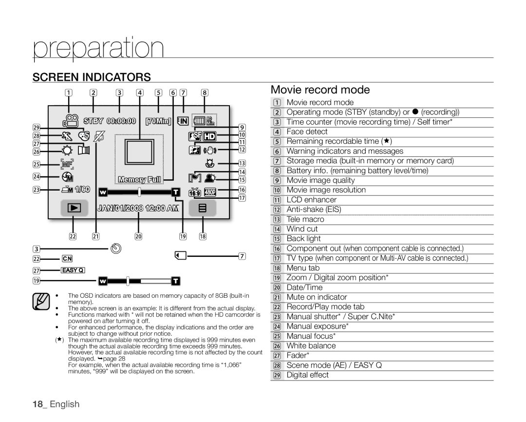 Samsung SC-HMX20C user manual Screen Indicators, Movie record mode 