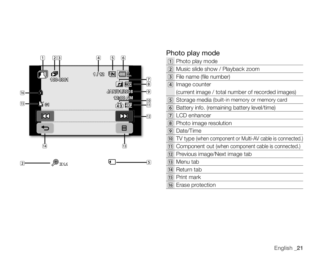 Samsung SC-HMX20C user manual Photo play mode, LCD enhancer Photo image resolution Date/Time 