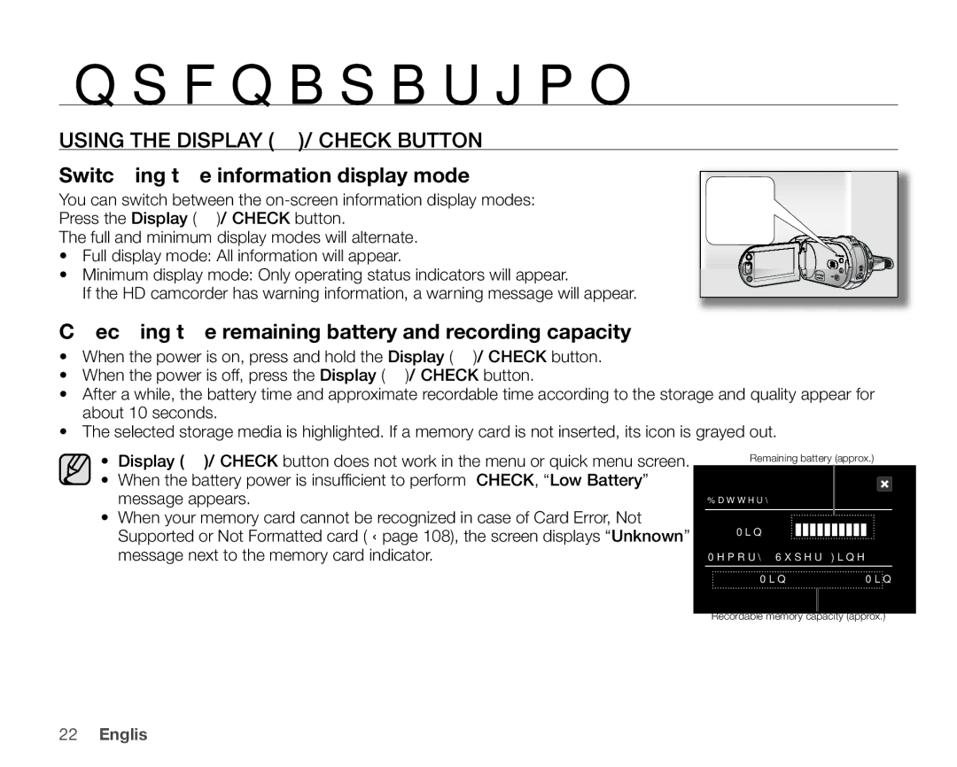 Samsung SC-HMX20C user manual Checking the remaining battery and recording capacity 