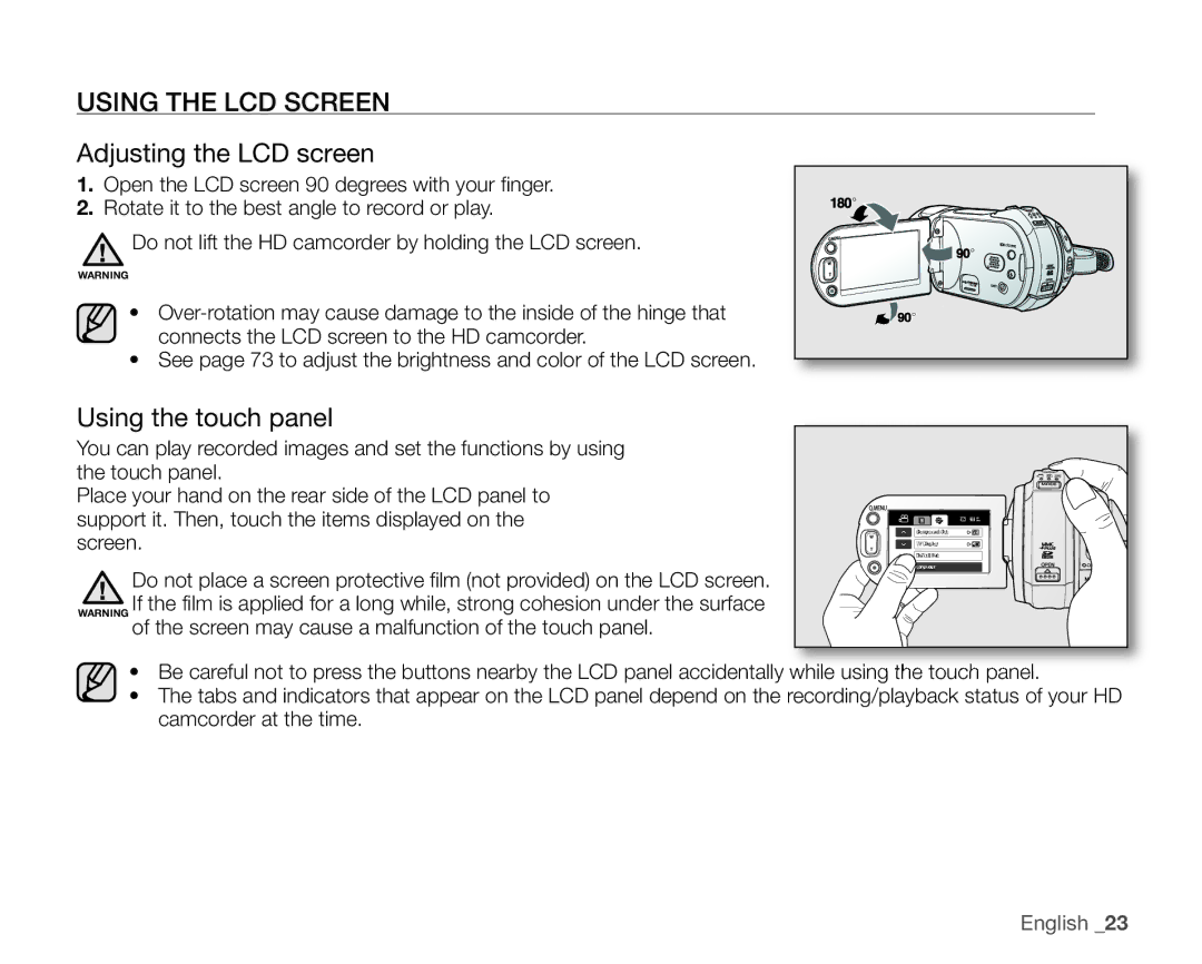 Samsung SC-HMX20C user manual Using the LCD Screen, Adjusting the LCD screen, Using the touch panel 