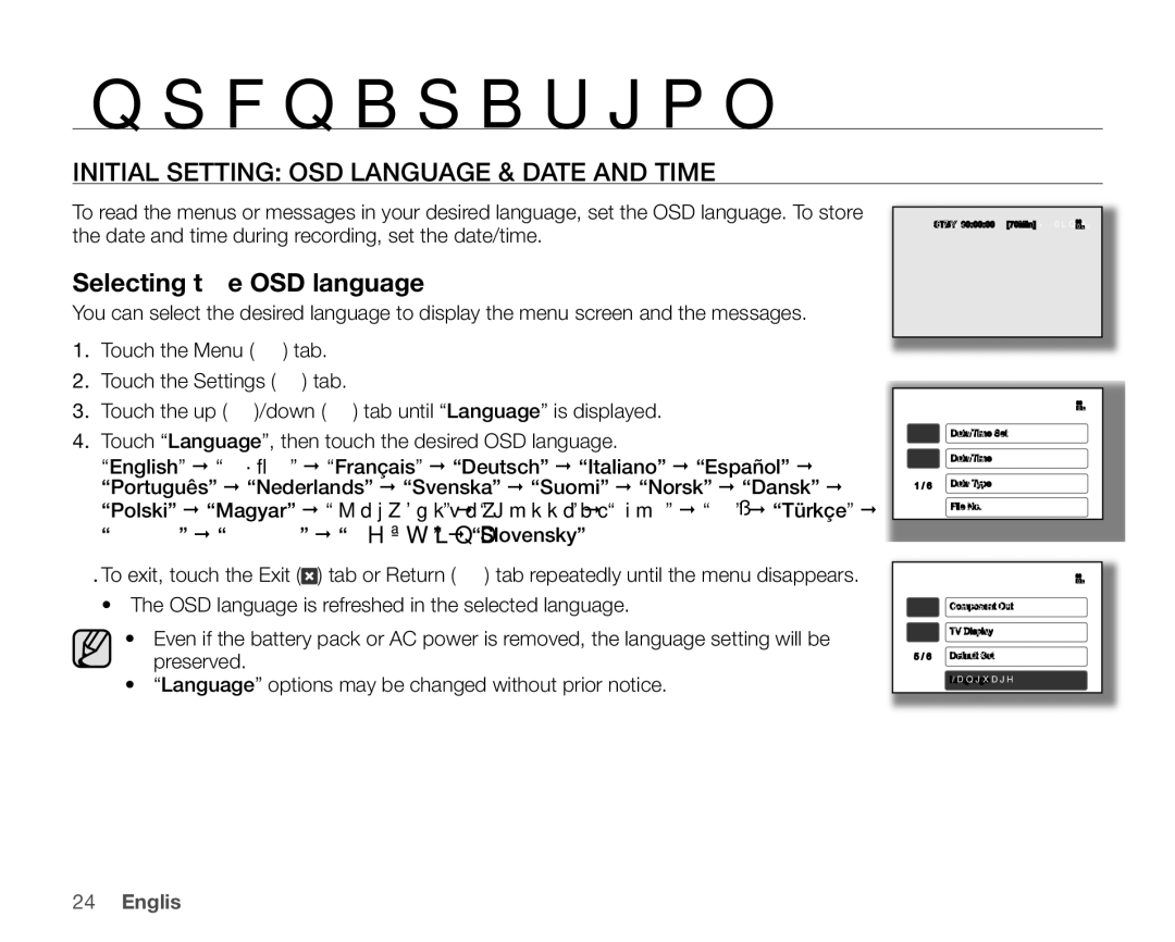 Samsung SC-HMX20C Initial Setting OSD Language & Date and Time, Selecting the OSD language,   Čeština  Slovensky 