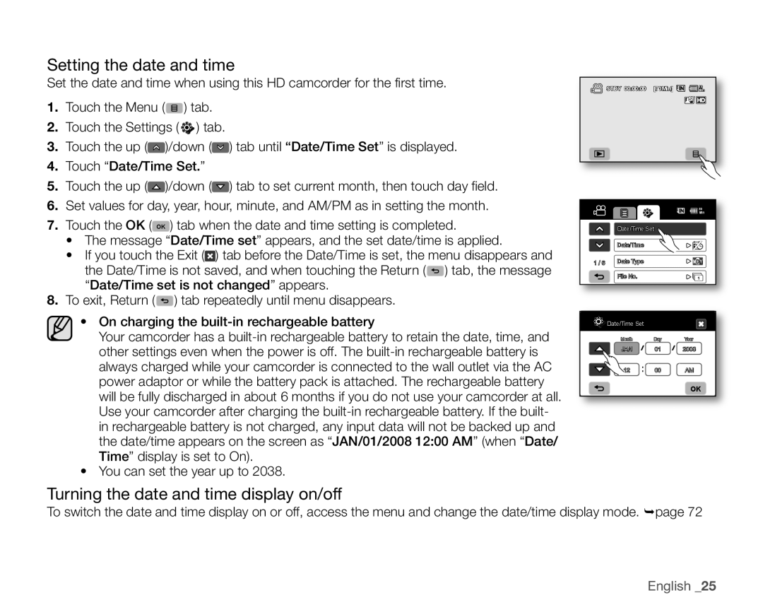 Samsung SC-HMX20C user manual Setting the date and time, Turning the date and time display on/off 