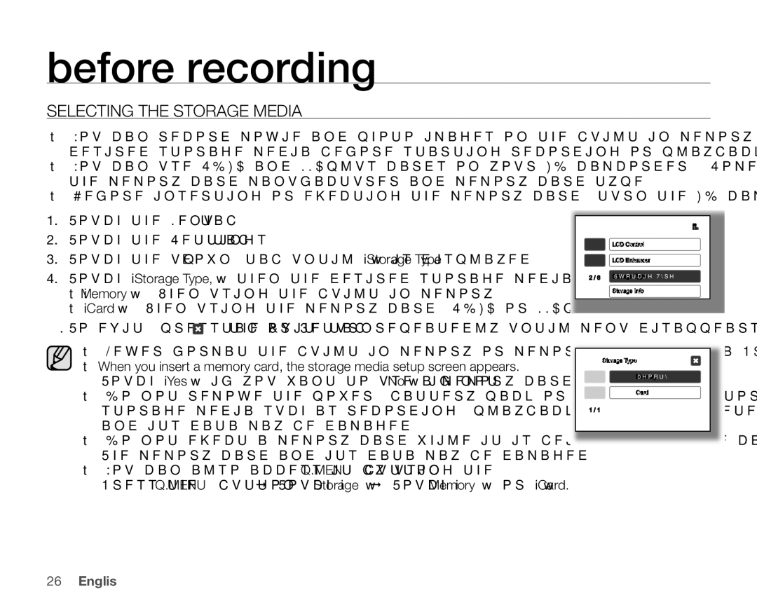 Samsung SC-HMX20C user manual Before recording, Selecting the Storage Media 