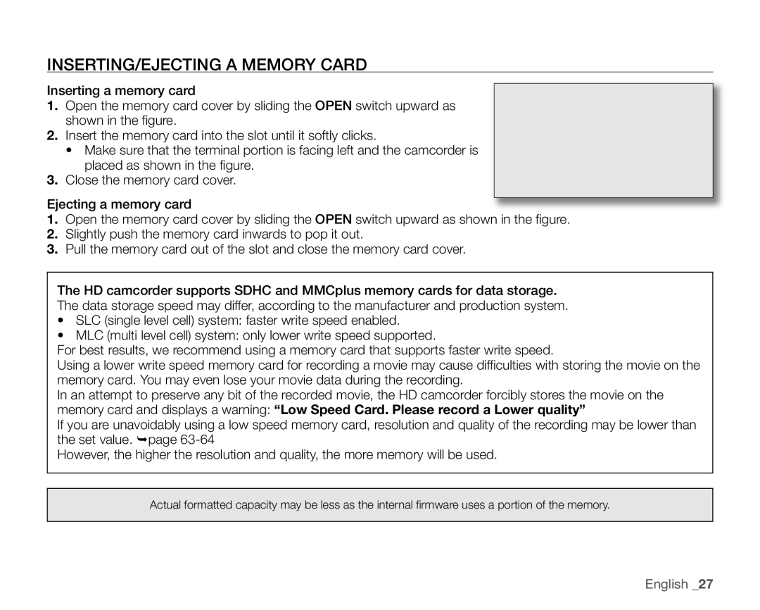 Samsung SC-HMX20C user manual INSERTING/EJECTING a Memory Card 