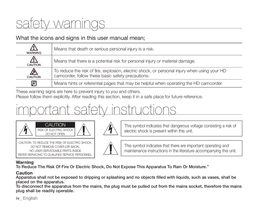 Samsung SC-HMX20C Safety warnings, Important safety instructions, Camcorder, follow these basic safety precautions 