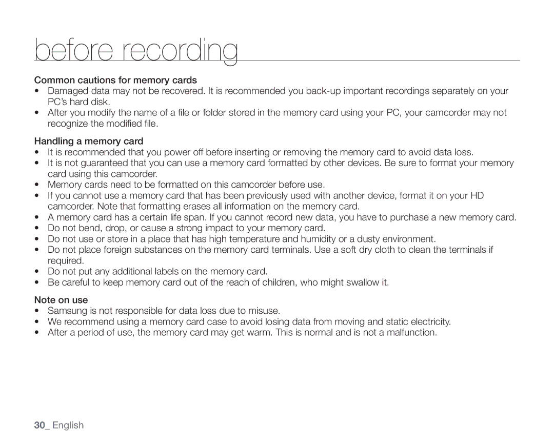 Samsung SC-HMX20C user manual Before recording 