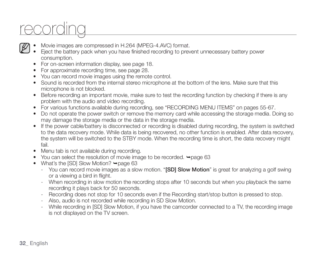 Samsung SC-HMX20C user manual Recording 