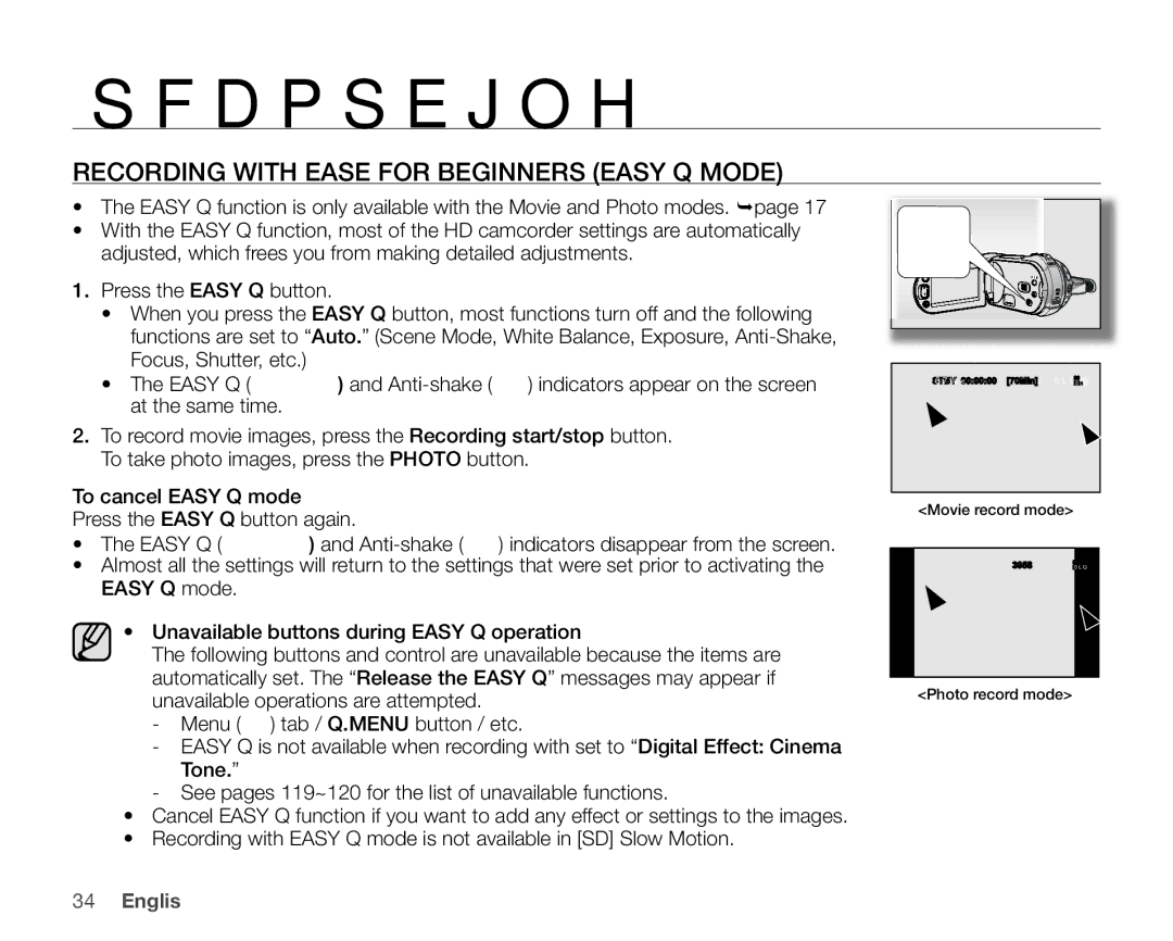 Samsung SC-HMX20C user manual Recording with Ease for Beginners Easy Q Mode 