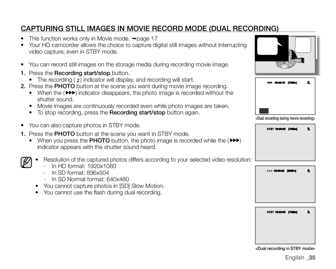 Samsung SC-HMX20C user manual Capturing Still Images in Movie Record Mode Dual Recording 