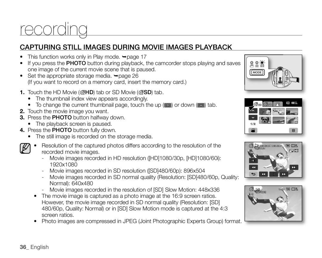 Samsung SC-HMX20C user manual Capturing Still Images During Movie Images Playback 