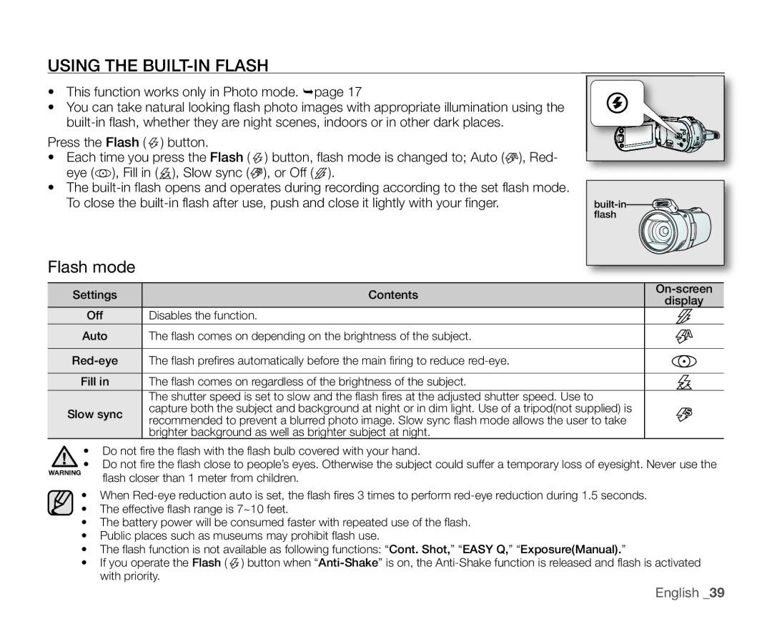 Samsung SC-HMX20C user manual Using the BUILT-IN Flash, Flash mode 