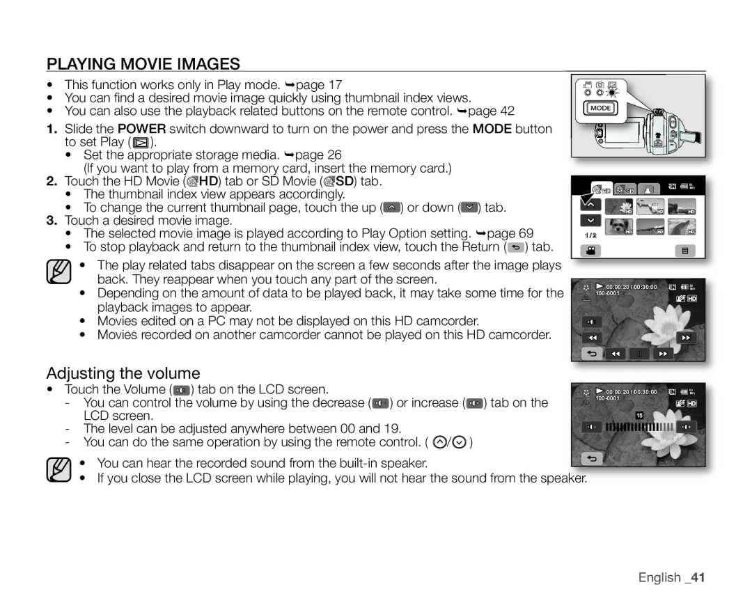 Samsung SC-HMX20C user manual Playing Movie Images, Adjusting the volume 