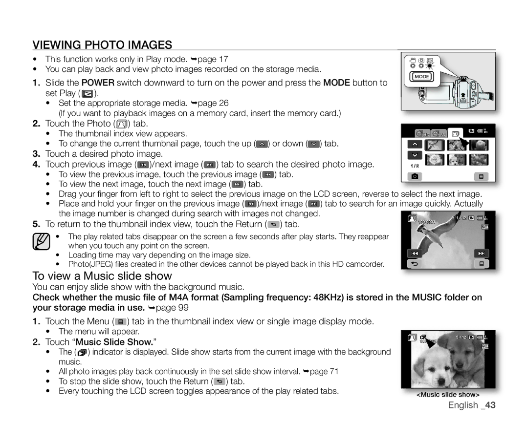 Samsung SC-HMX20C Viewing Photo Images, To view a Music slide show, Touch the Photo tab, Tab, Touch Music Slide Show 