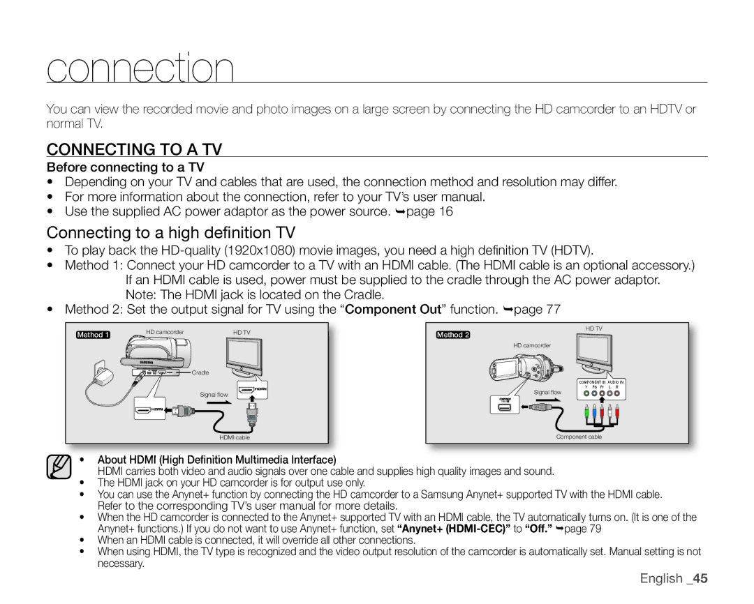 Samsung SC-HMX20C user manual Connection, Connecting to a TV, Connecting to a high definition TV 