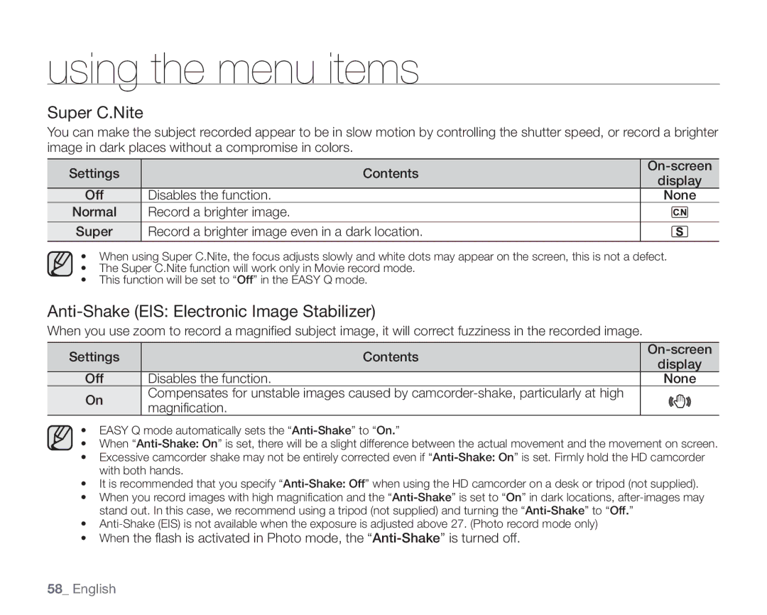 Samsung SC-HMX20C user manual Super C.Nite, Anti-Shake EIS Electronic Image Stabilizer 