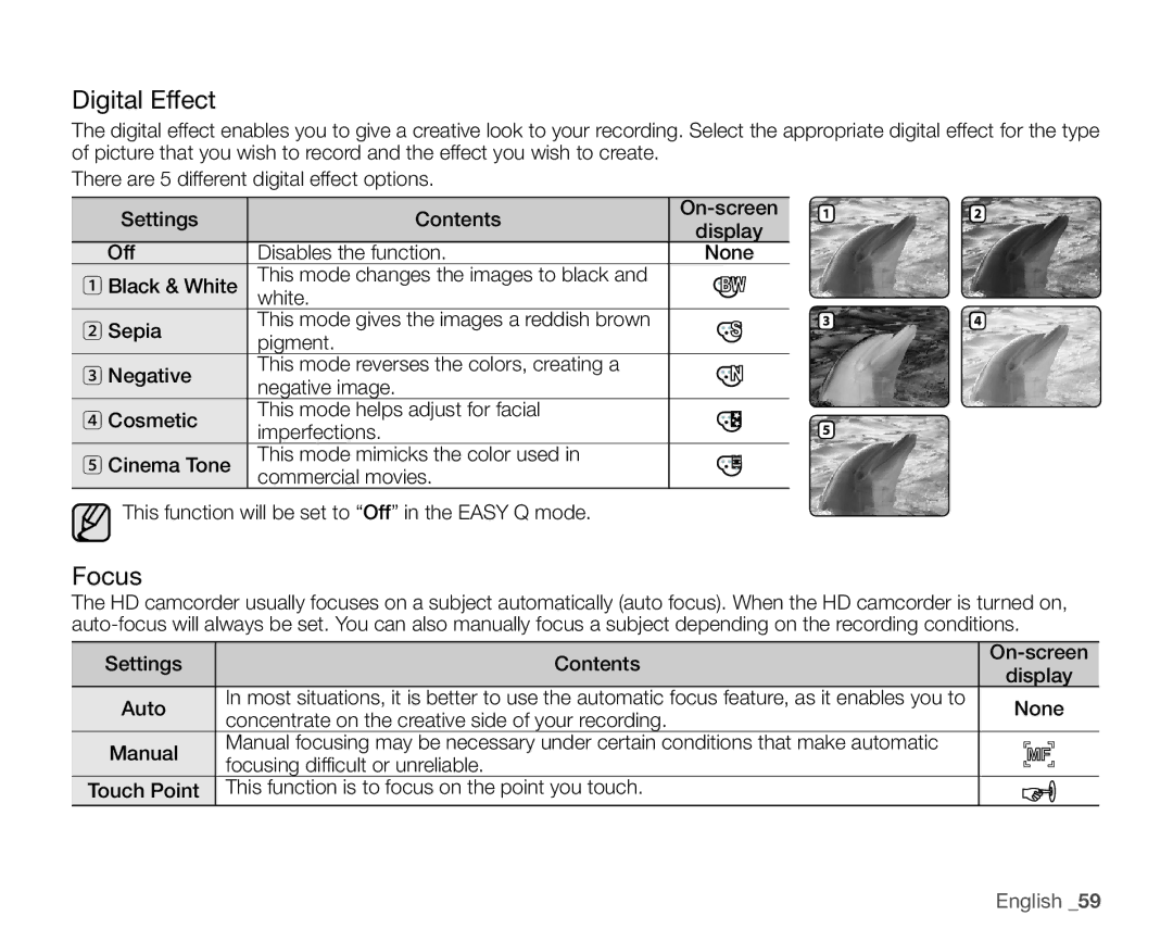 Samsung SC-HMX20C user manual Digital Effect, Focus, Settings Contents 