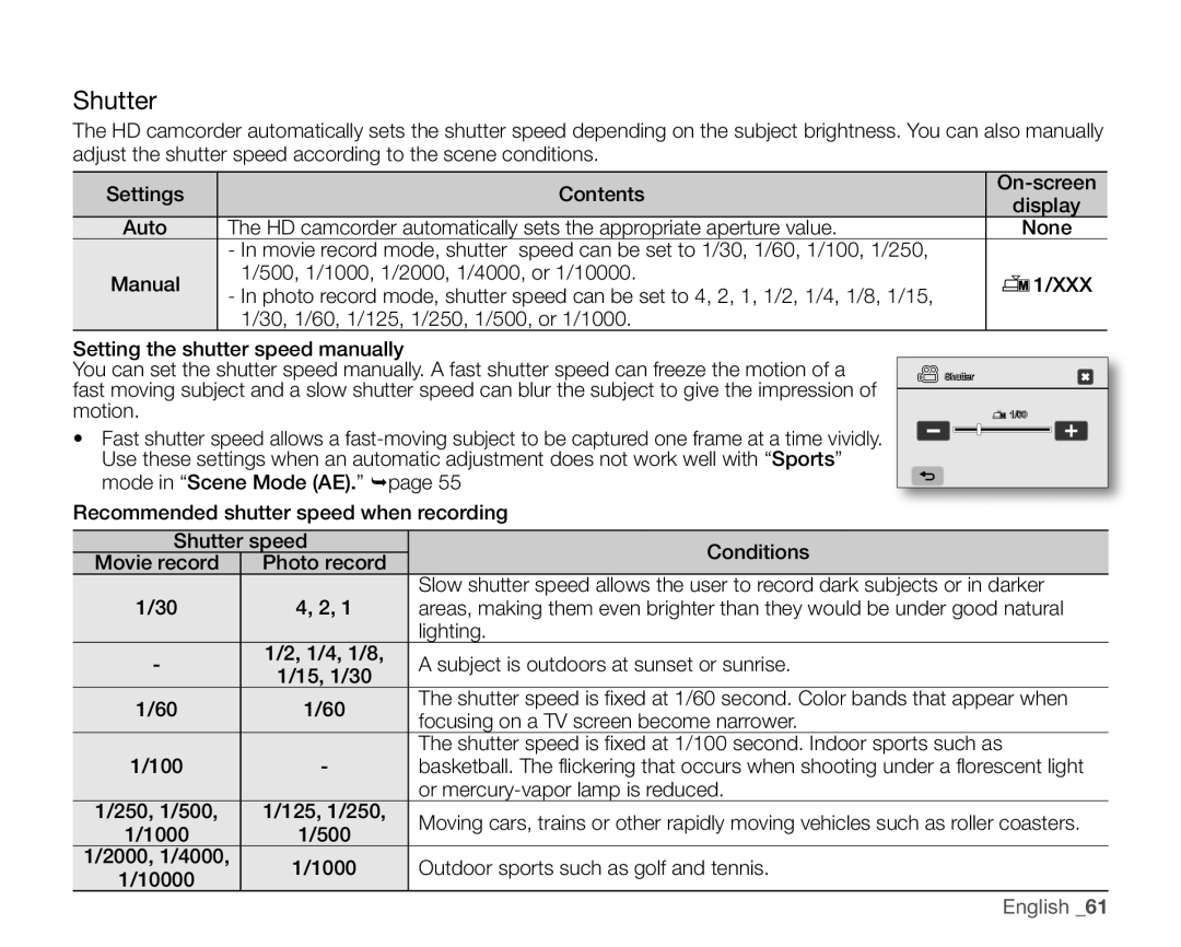 Samsung SC-HMX20C user manual Shutter, Motion, Or mercury-vapor lamp is reduced 250, 1/500 125, 1/250 