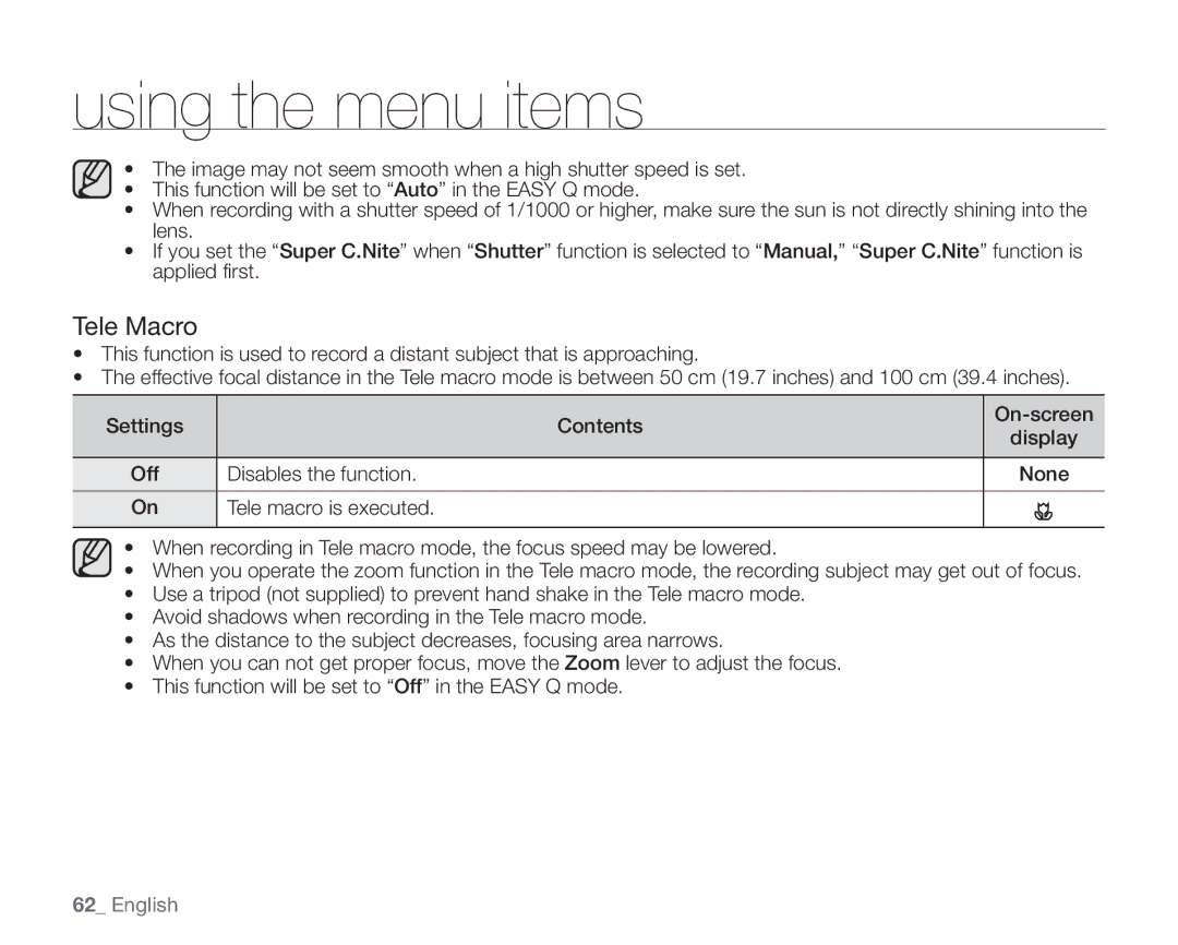 Samsung SC-HMX20C user manual Tele Macro, Tele macro is executed 