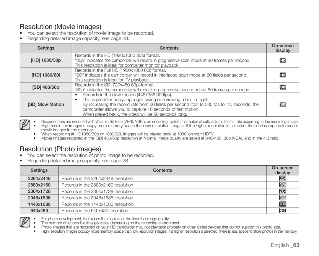 Samsung SC-HMX20C user manual Resolution Movie images, Resolution Photo images 