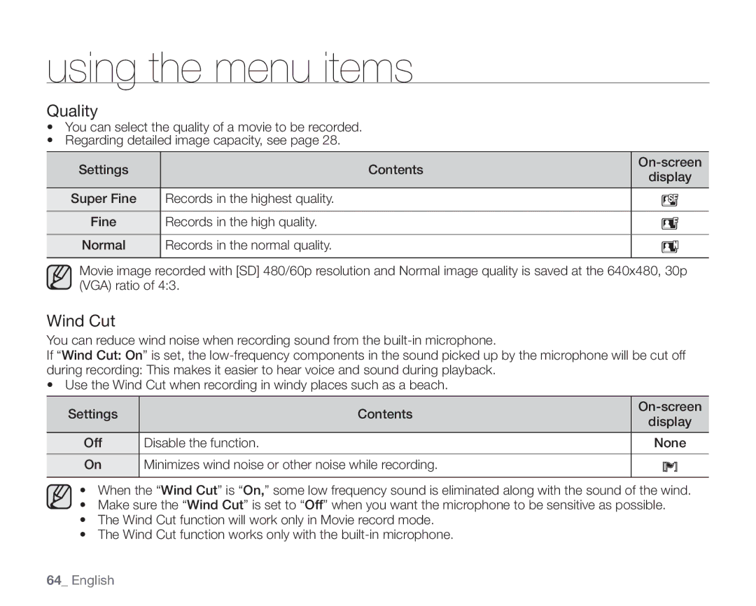 Samsung SC-HMX20C user manual Quality, Wind Cut, Disable the function 