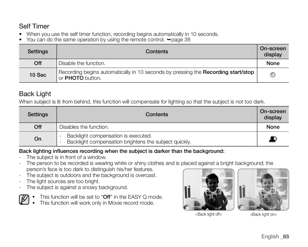 Samsung SC-HMX20C user manual Self Timer, Back Light, Disable the function None 10 Sec, Or Photo button 