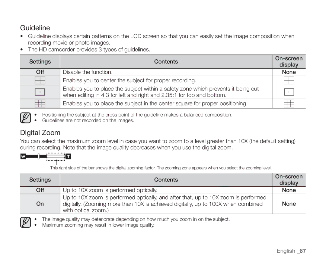 Samsung SC-HMX20C user manual Guideline, Digital Zoom, Up to 10X zoom is performed optically None 