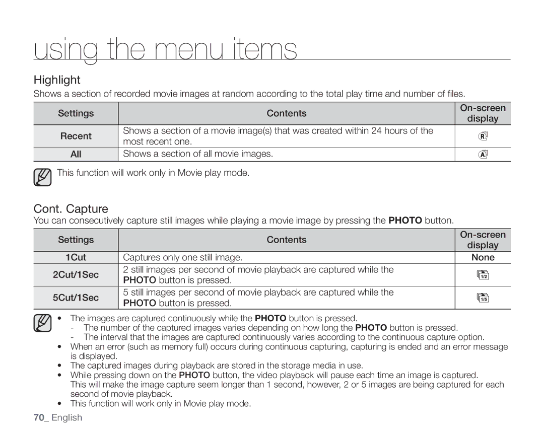 Samsung SC-HMX20C user manual Highlight, Cont. Capture 