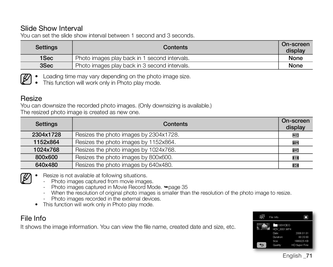 Samsung SC-HMX20C user manual Slide Show Interval, 3Sec, Resizes the photo images by 