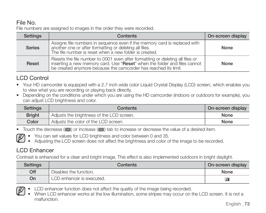 Samsung SC-HMX20C user manual File No, LCD Control, LCD Enhancer 