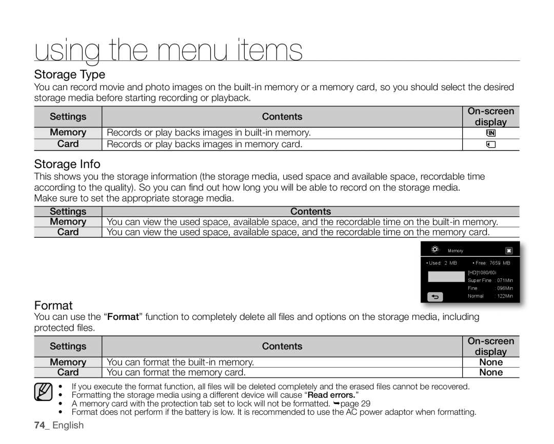 Samsung SC-HMX20C user manual Storage Type, Storage Info, Format, Card 