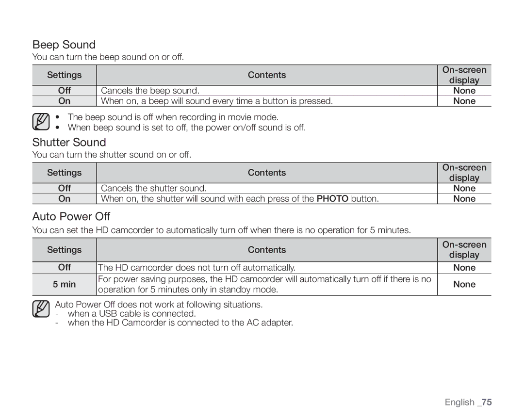 Samsung SC-HMX20C user manual Beep Sound, Shutter Sound, Auto Power Off 