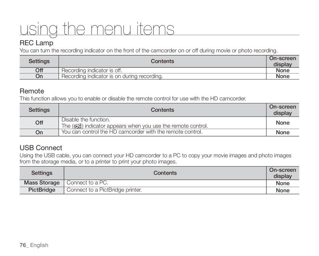 Samsung SC-HMX20C REC Lamp, Remote, USB Connect, Recording indicator is off, Recording indicator is on during recording 