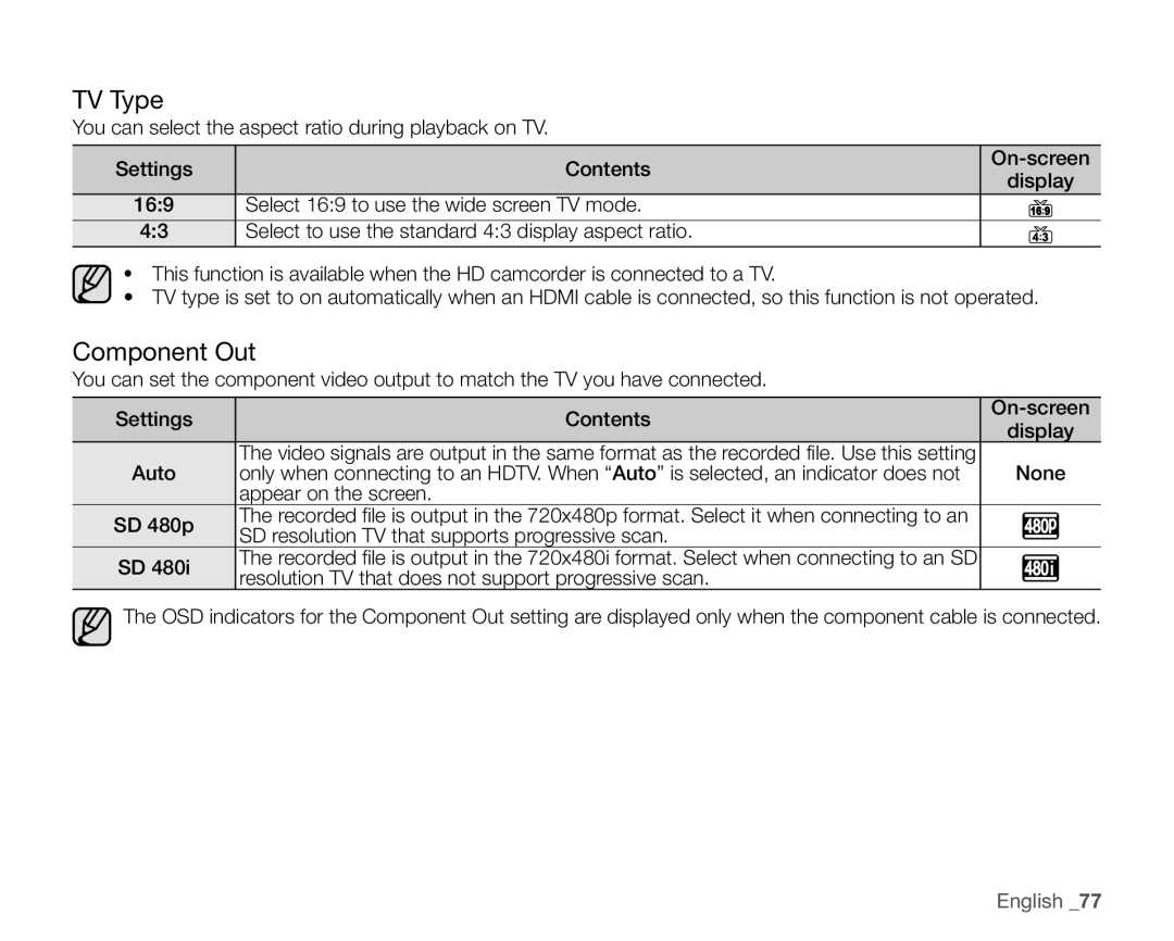 Samsung SC-HMX20C TV Type, Component Out, Appear on the screen SD 480p, SD resolution TV that supports progressive scan 