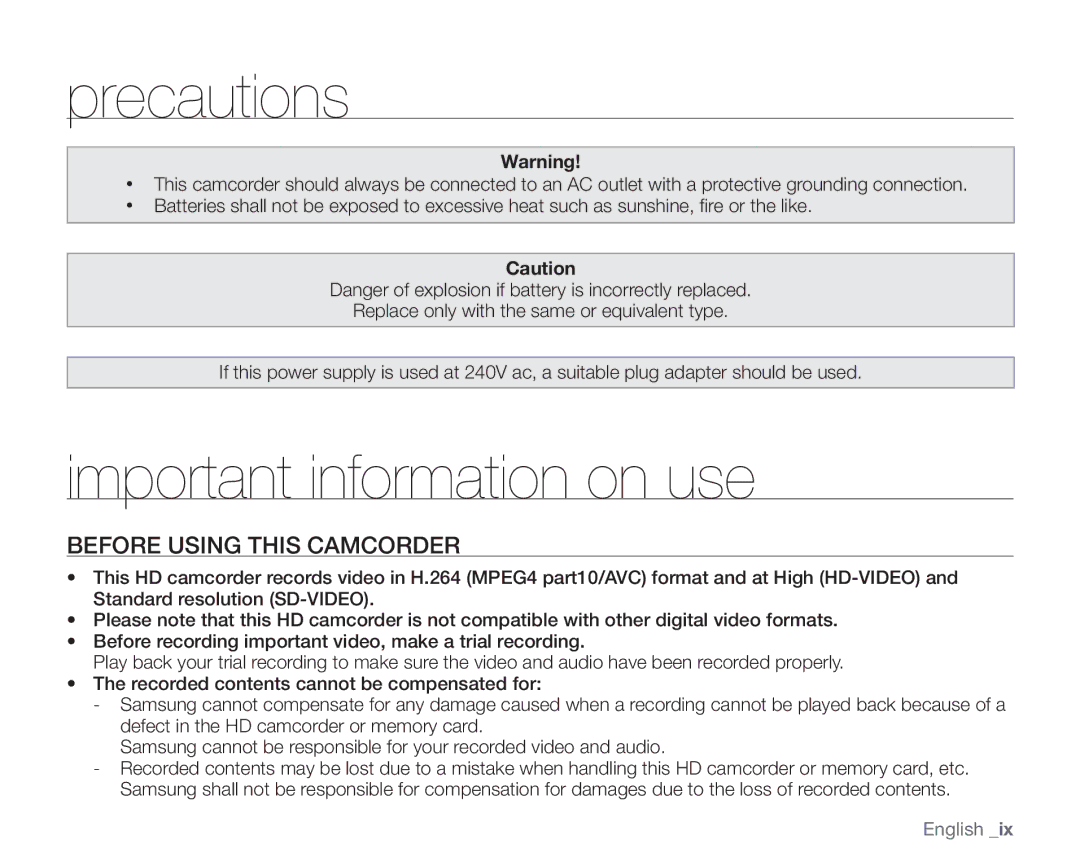 Samsung SC-HMX20C user manual Precautions, Important information on use, Before Using this Camcorder 