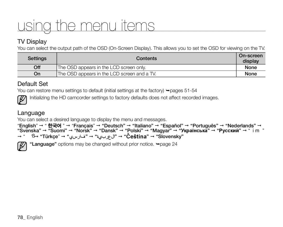 Samsung SC-HMX20C user manual TV Display, Default Set, Language, OSD appears in the LCD screen only 