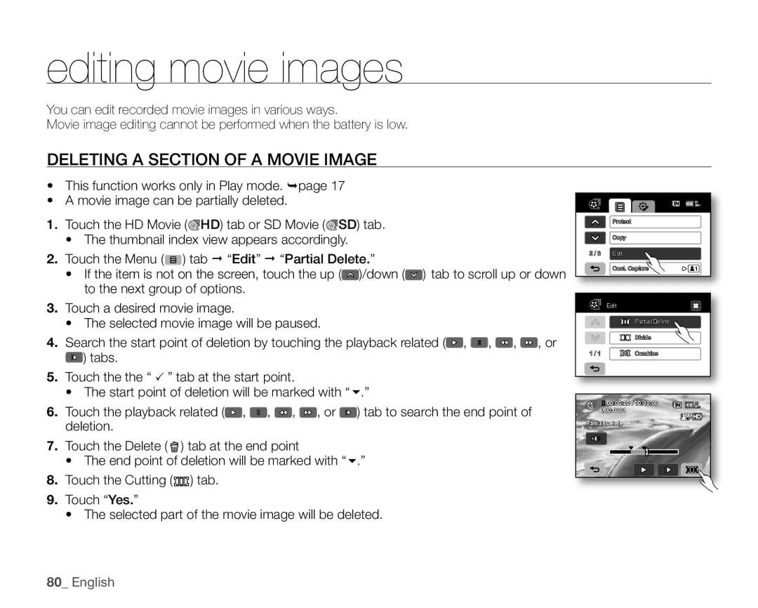 Samsung SC-HMX20C user manual Editing movie images, Deleting a Section of a Movie Image 